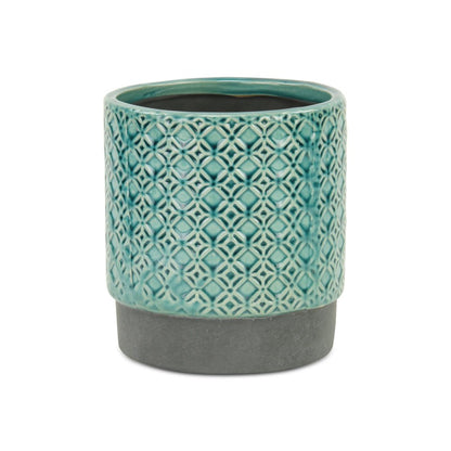 6" Turquoise Geometric Ceramic Indoor Outdoor Round Pot Planter HomeRoots
