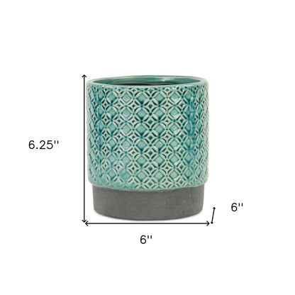 6" Turquoise Geometric Ceramic Indoor Outdoor Round Pot Planter HomeRoots