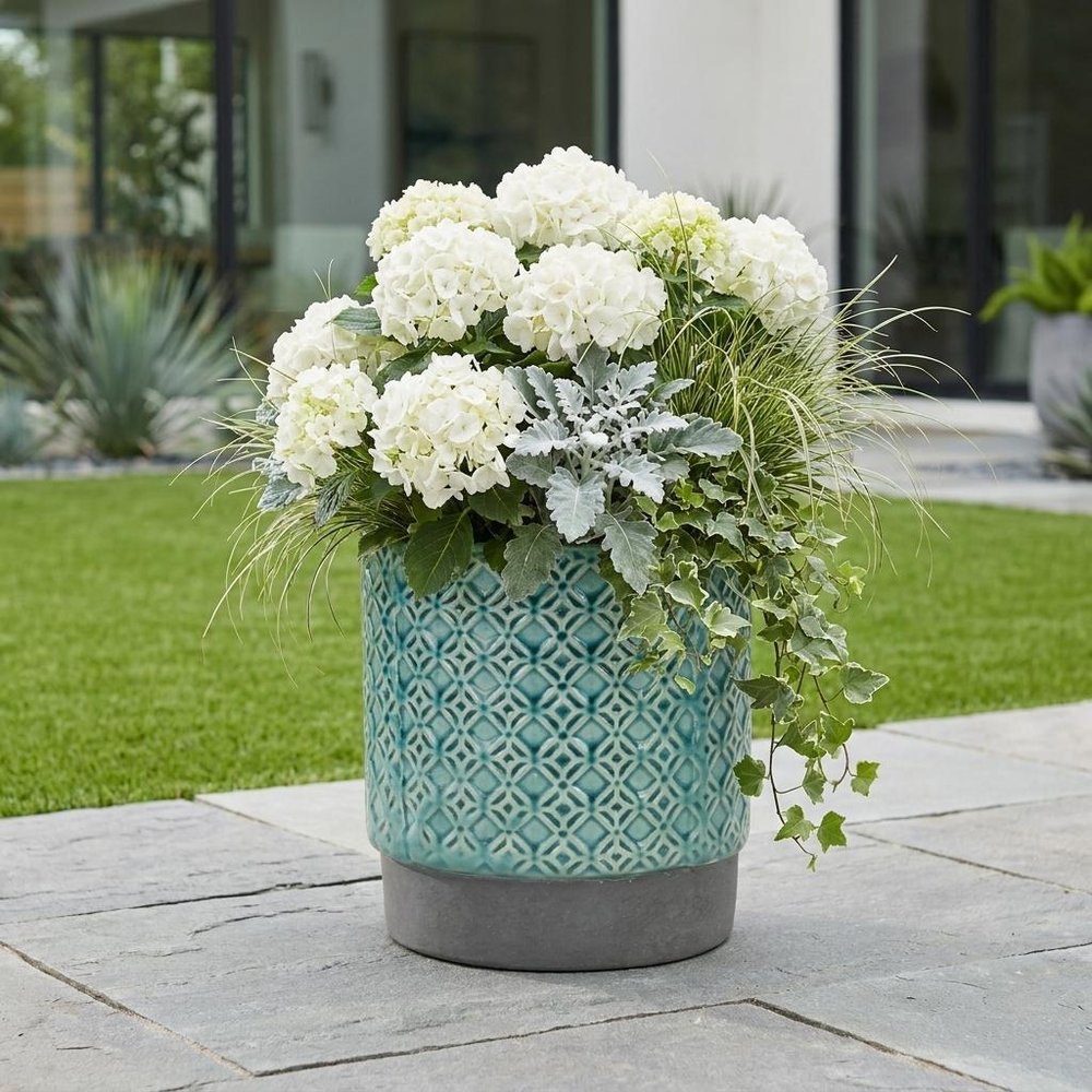 6" Turquoise Geometric Ceramic Indoor Outdoor Round Pot Planter HomeRoots