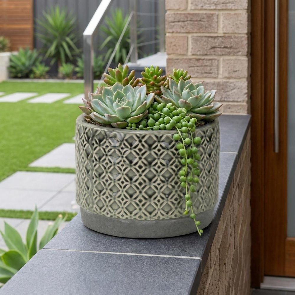 7" Gray Geometric Ceramic Indoor Outdoor Round Pot Planter HomeRoots