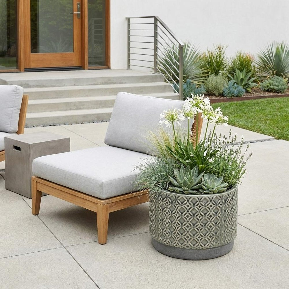 7" Gray Geometric Ceramic Indoor Outdoor Round Pot Planter HomeRoots