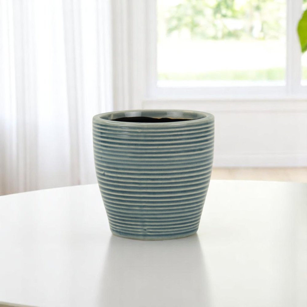 Blue Ceramic 22 Ounce Striped Round Distressed Pot Planter HomeRoots