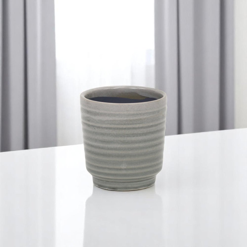 Gray Ceramic 19 Ounce Striped Round Distressed Pot Planter HomeRoots