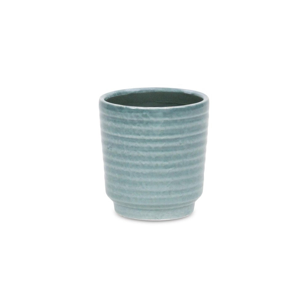 Green Ceramic 15 Ounce Striped Round Distressed Pot Planter HomeRoots