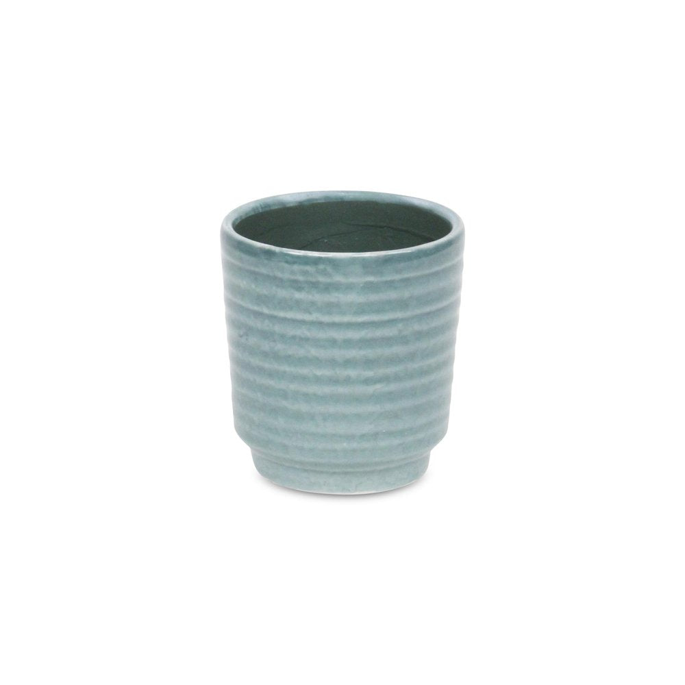 Green Ceramic 15 Ounce Striped Round Distressed Pot Planter HomeRoots