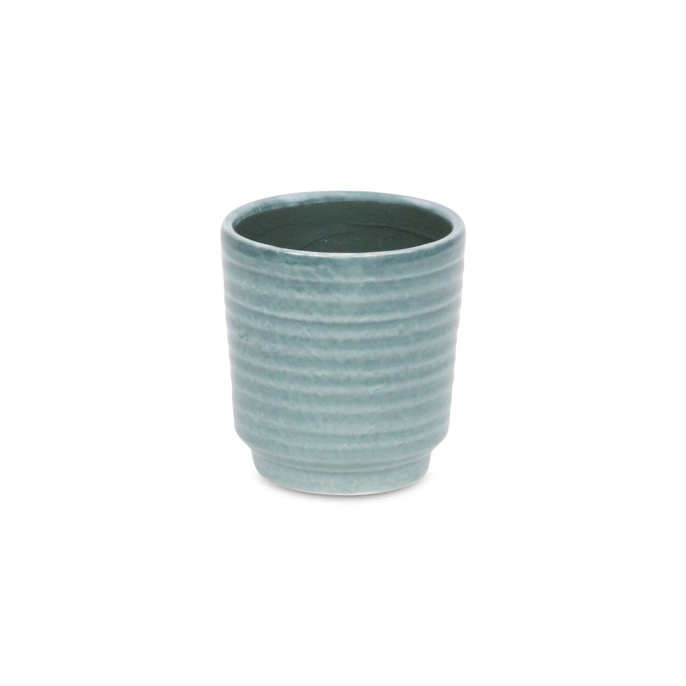 Green Ceramic 15 Ounce Striped Round Distressed Pot Planter