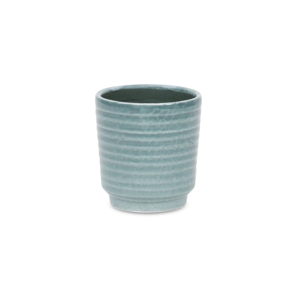 Green Ceramic 15 Ounce Striped Round Distressed Pot Planter HomeRoots