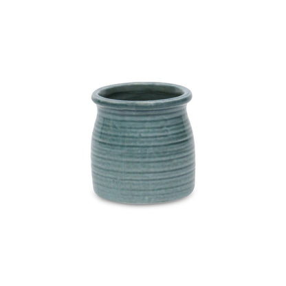 Green Ceramic 12 Ounce Striped Round Distressed Pot Planter