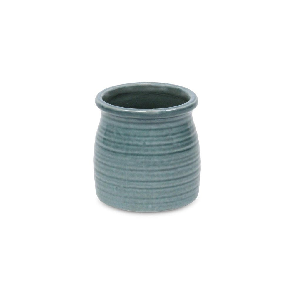 Green Ceramic 12 Ounce Striped Round Distressed Pot Planter HomeRoots
