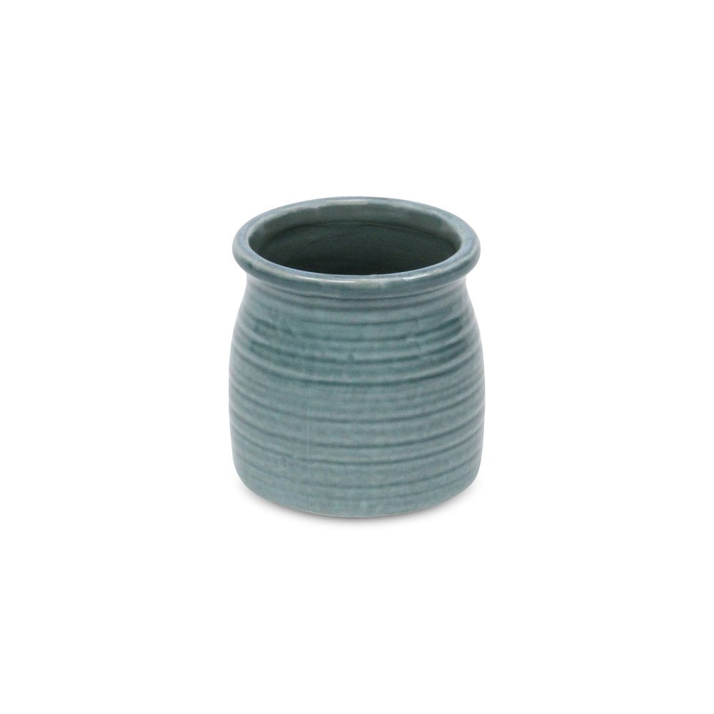 Green Ceramic 12 Ounce Striped Round Distressed Pot Planter