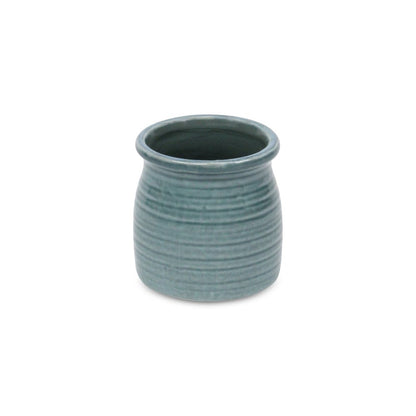 Green Ceramic 12 Ounce Striped Round Distressed Pot Planter