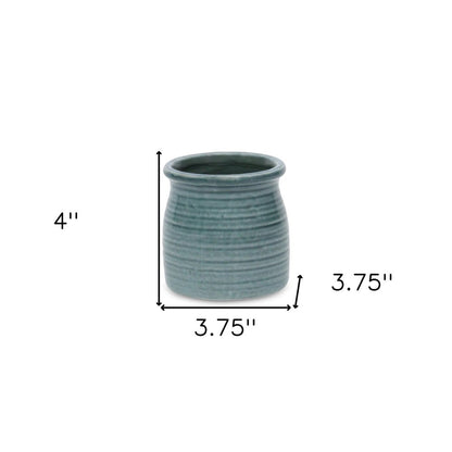 Green Ceramic 12 Ounce Striped Round Distressed Pot Planter