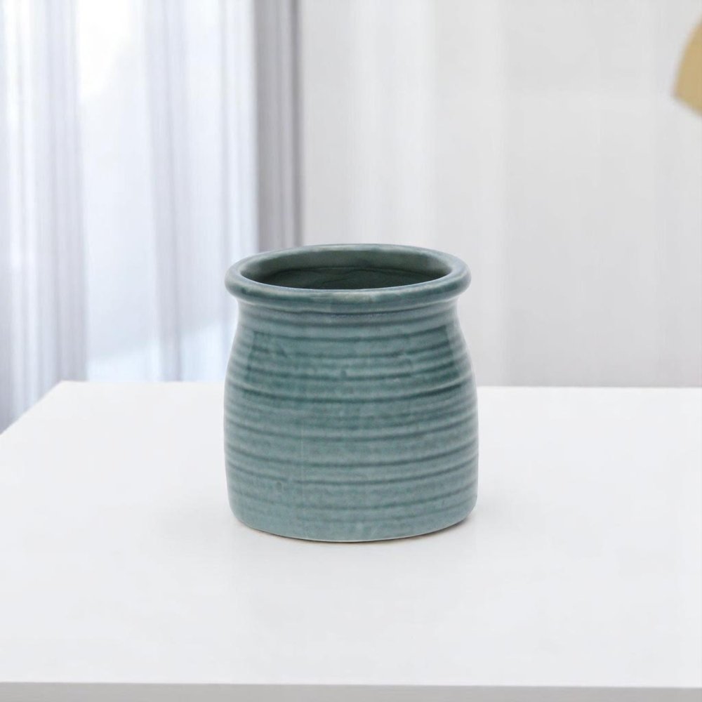 Green Ceramic 12 Ounce Striped Round Distressed Pot Planter HomeRoots