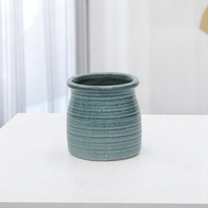 Green Ceramic 12 Ounce Striped Round Distressed Pot Planter HomeRoots