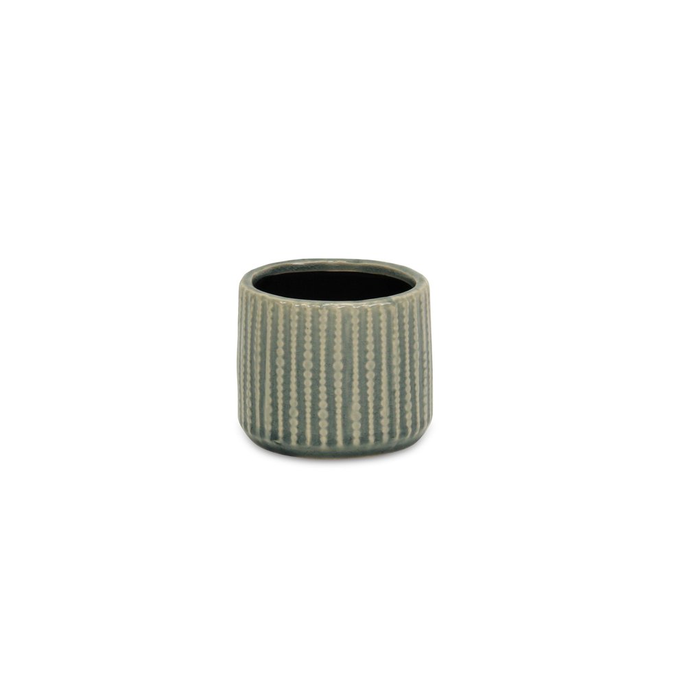 Beige And Green Ceramic 12 Ounce Striped Round Distressed Pot Planter HomeRoots