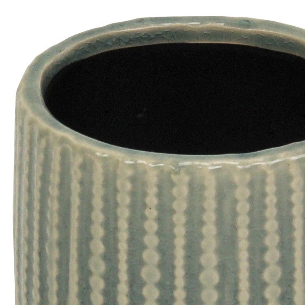 Beige And Green Ceramic 12 Ounce Striped Round Distressed Pot Planter HomeRoots