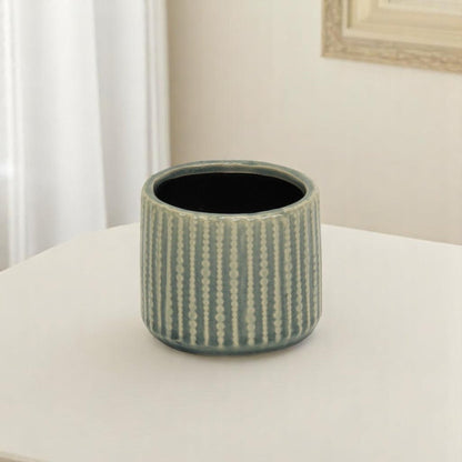 Beige And Green Ceramic 12 Ounce Striped Round Distressed Pot Planter HomeRoots