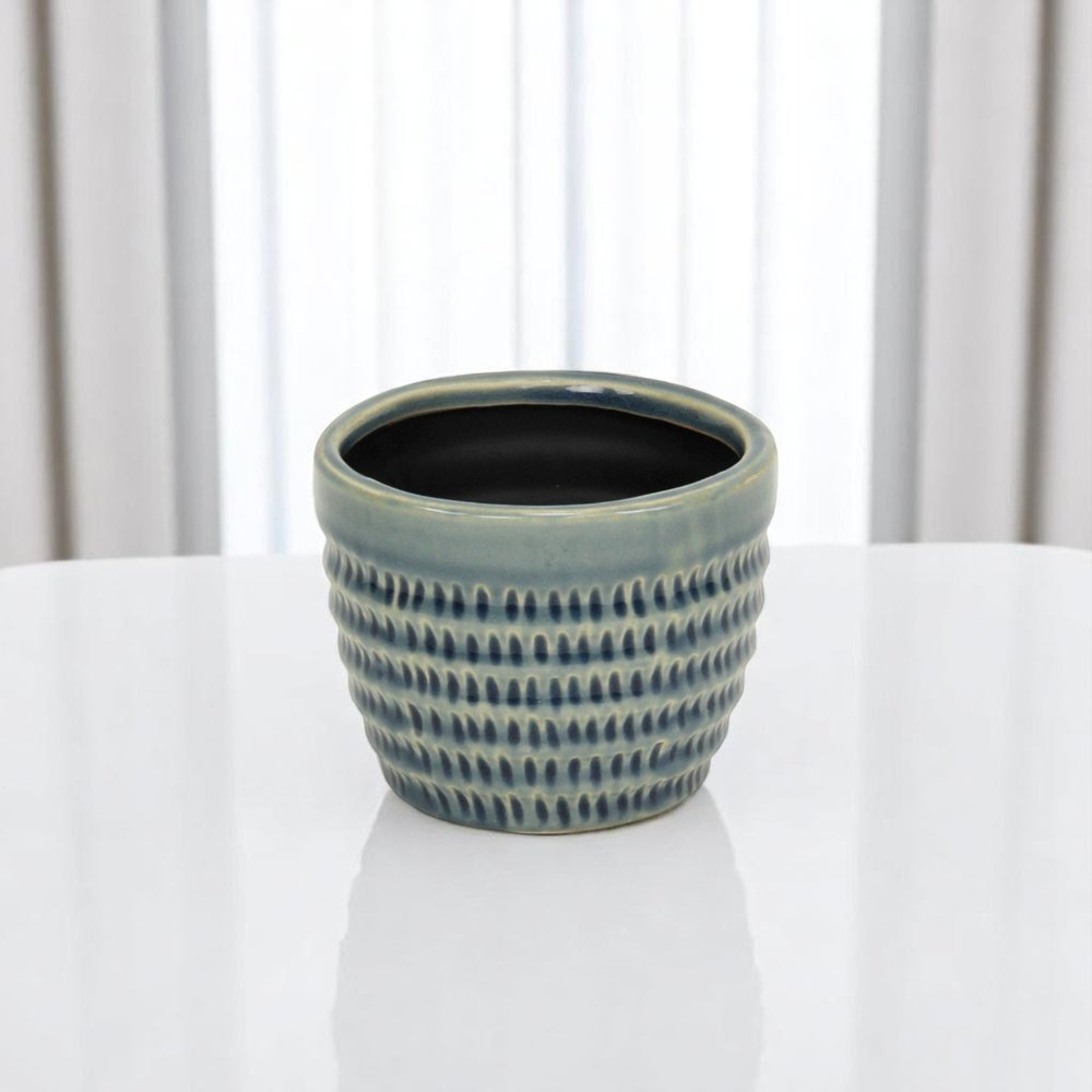 Blue Ceramic 7 Ounce Dotted Round Distressed Pot Planter HomeRoots