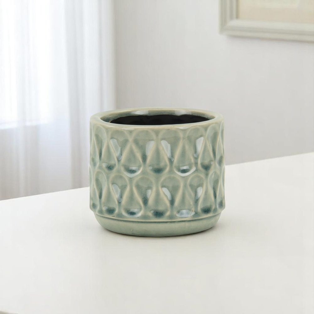 Green Ceramic 22 Ounce Geometric Round Distressed Pot Planter HomeRoots