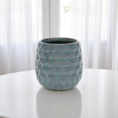 Blue And Gold Ceramic 20 Ounce Geometric Round Distressed Pot Planter HomeRoots