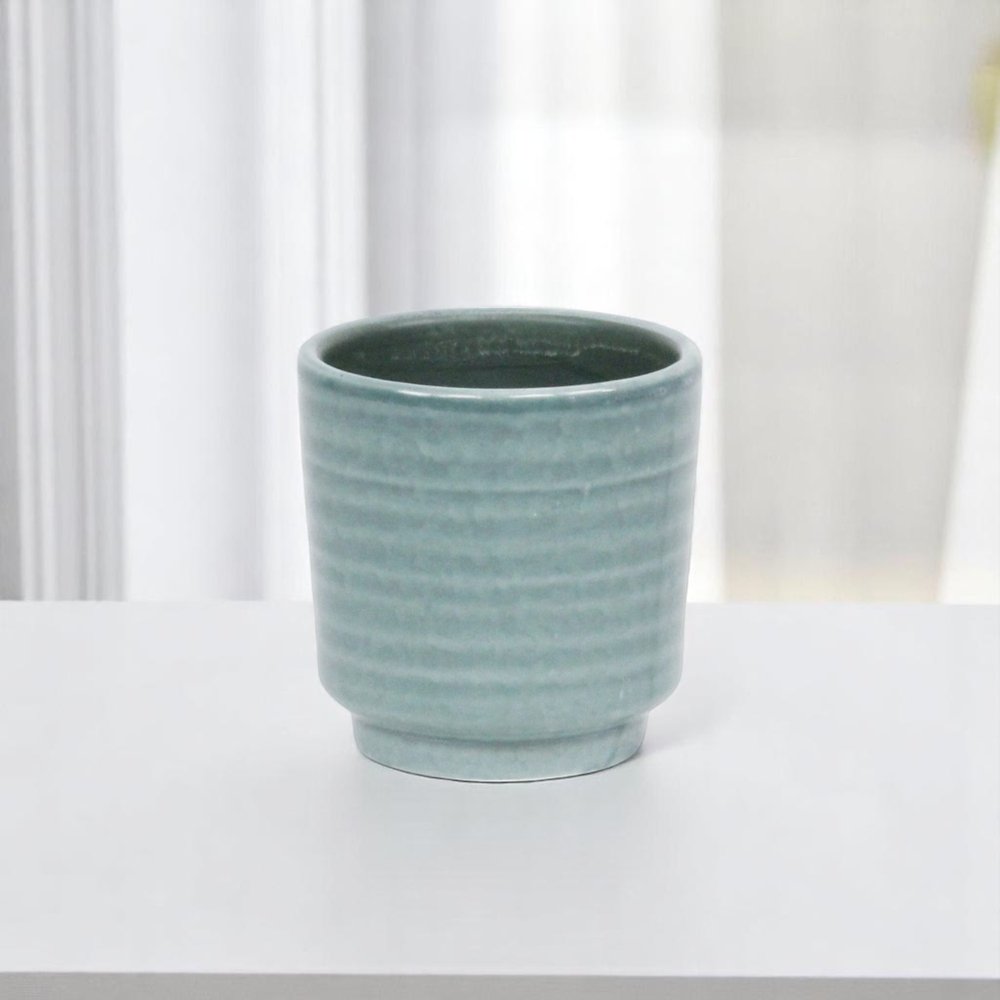 Green Ceramic 6 Ounce Striped Round Distressed Pot Planter HomeRoots