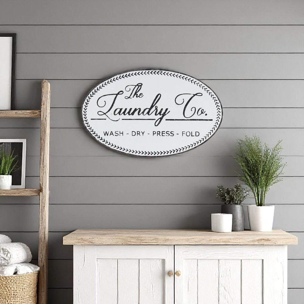 14" X 22" White And Dark Gray The Laundry Co Metal Oval Wall Decor — view 8