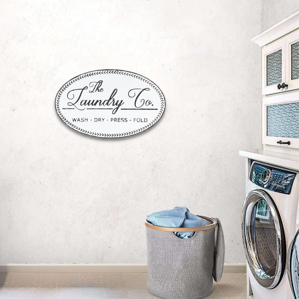 14" X 22" White And Dark Gray The Laundry Co Metal Oval Wall Decor — view 5
