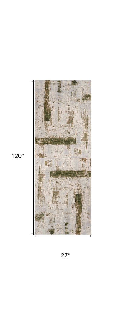 10' Green and Ivory Abstract Power Loom Distressed Runner Rug - 27.0" (L) x 120.0" (W) x 0.6" (H)