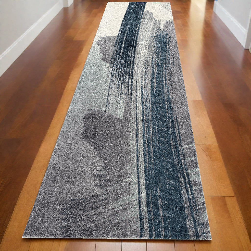 2' X 15' White And Blue Abstract Power Loom Stain Resistant Area Rug - 39.0" (L) x 59.0" (W) x 0.5" (H)