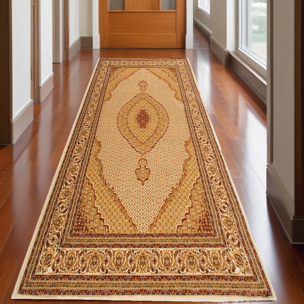 10' Runner Beige and Ivory Oriental Power Loom Runner Rug