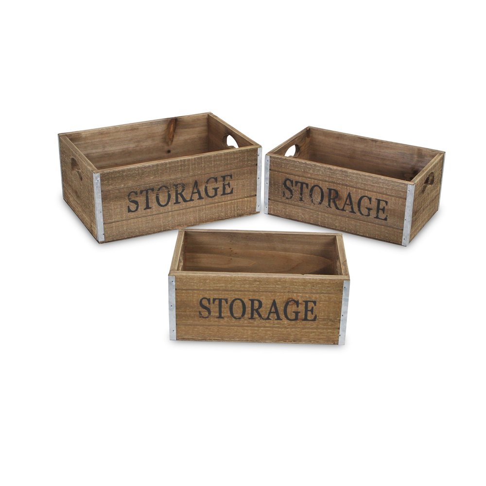 Set of Three Natural Nesting Solid Wood And Metal Crate HomeRoots