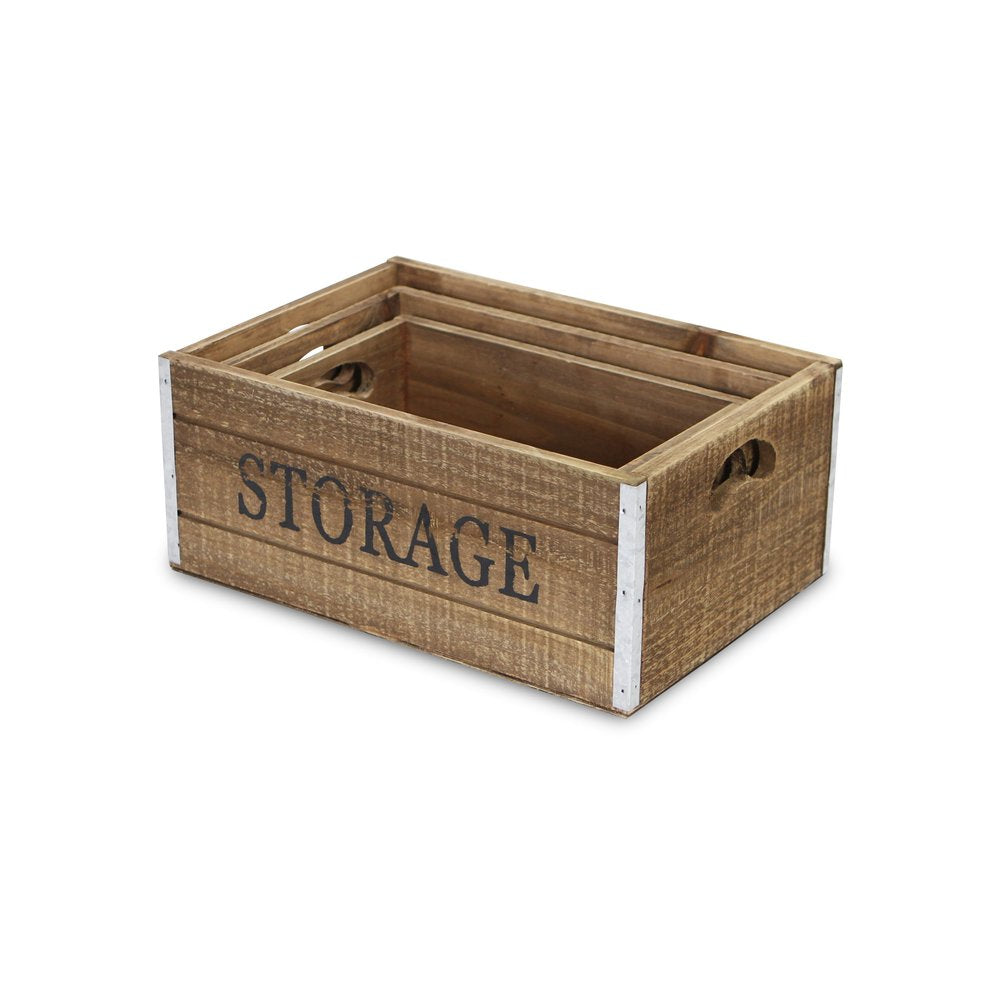 Set of Three Natural Nesting Solid Wood And Metal Crate HomeRoots