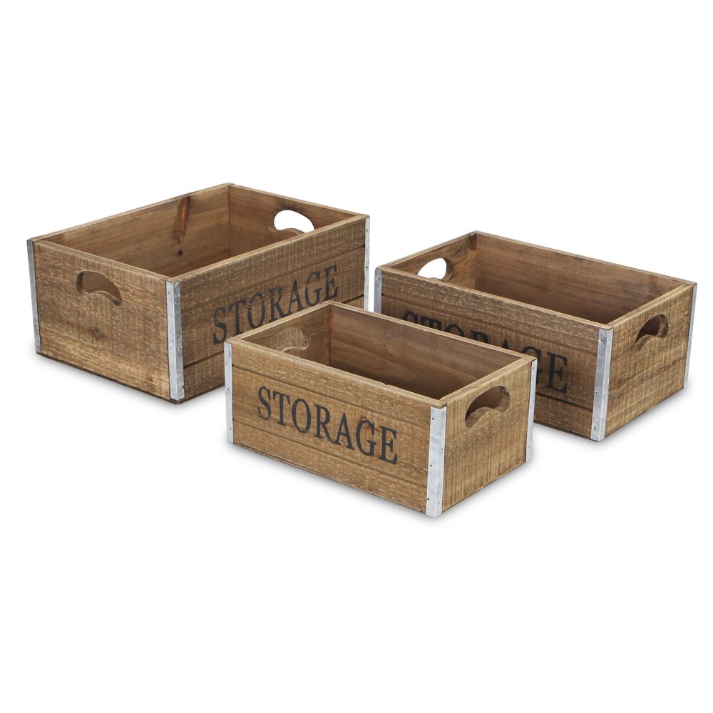 Set of Three Natural Nesting Solid Wood And Metal Crate HomeRoots
