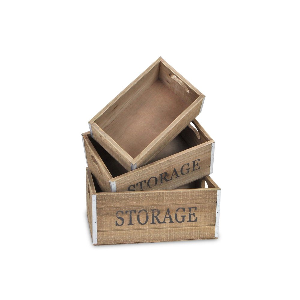 Set of Three Natural Nesting Solid Wood And Metal Crate HomeRoots