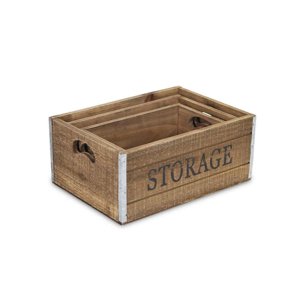 Set of Three Natural Nesting Solid Wood And Metal Crate HomeRoots
