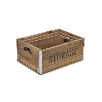 Set of Three Natural Nesting Solid Wood And Metal Crate HomeRoots