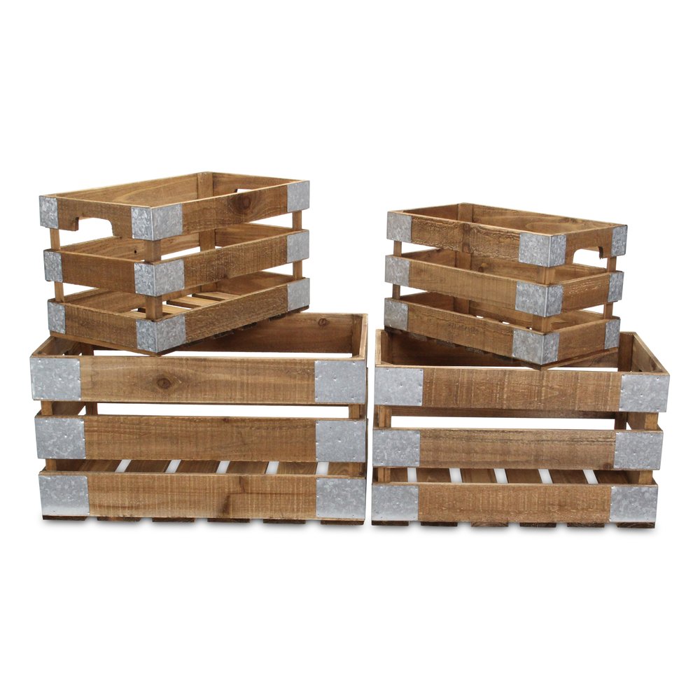 Set of Four Natural Nesting Solid Wood And Metal Crate HomeRoots