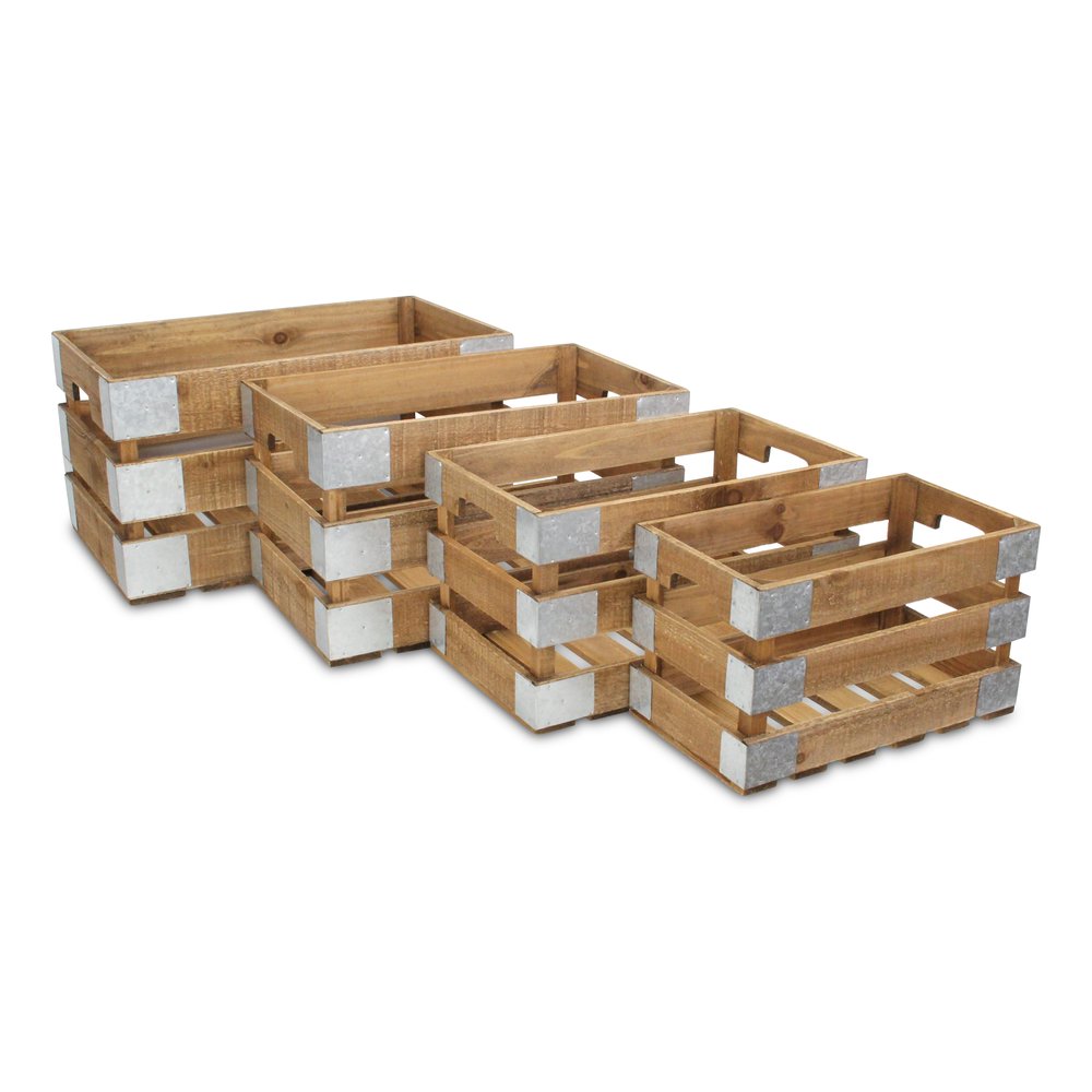 Set of Four Natural Nesting Solid Wood And Metal Crate HomeRoots