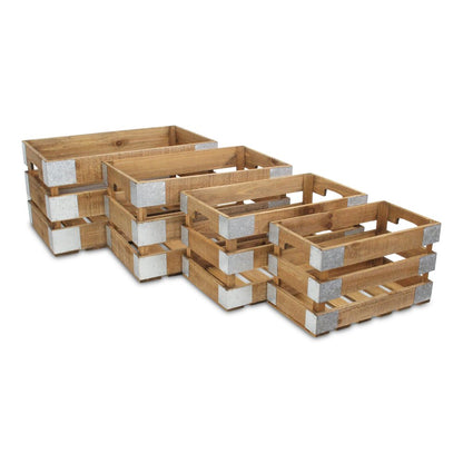Set of Four Natural Nesting Solid Wood And Metal Crate HomeRoots