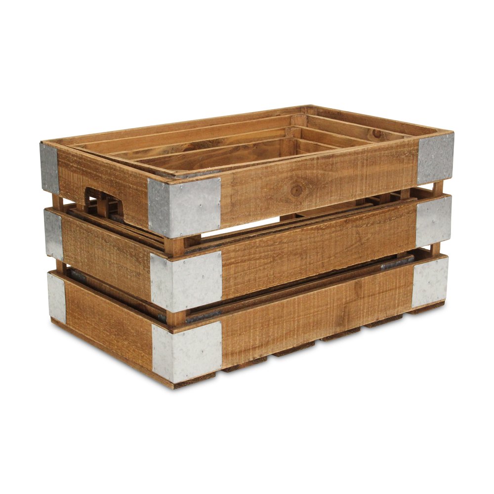 Set of Four Natural Nesting Solid Wood And Metal Crate HomeRoots