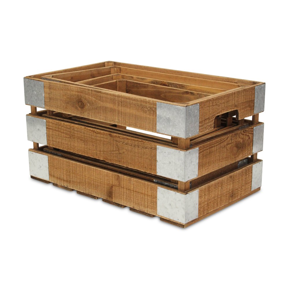 Set of Four Natural Nesting Solid Wood And Metal Crate HomeRoots
