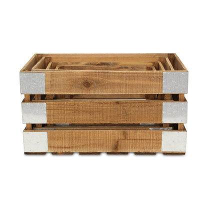 Set of Four Natural Nesting Solid Wood And Metal Crate HomeRoots