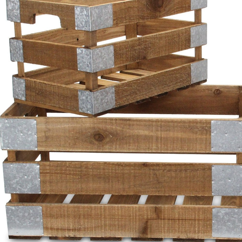 Set of Four Natural Nesting Solid Wood And Metal Crate HomeRoots