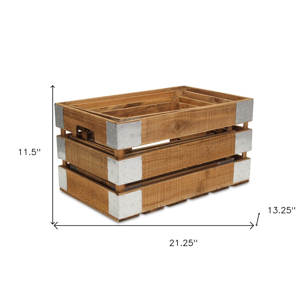 Set of Four Natural Nesting Solid Wood And Metal Crate HomeRoots