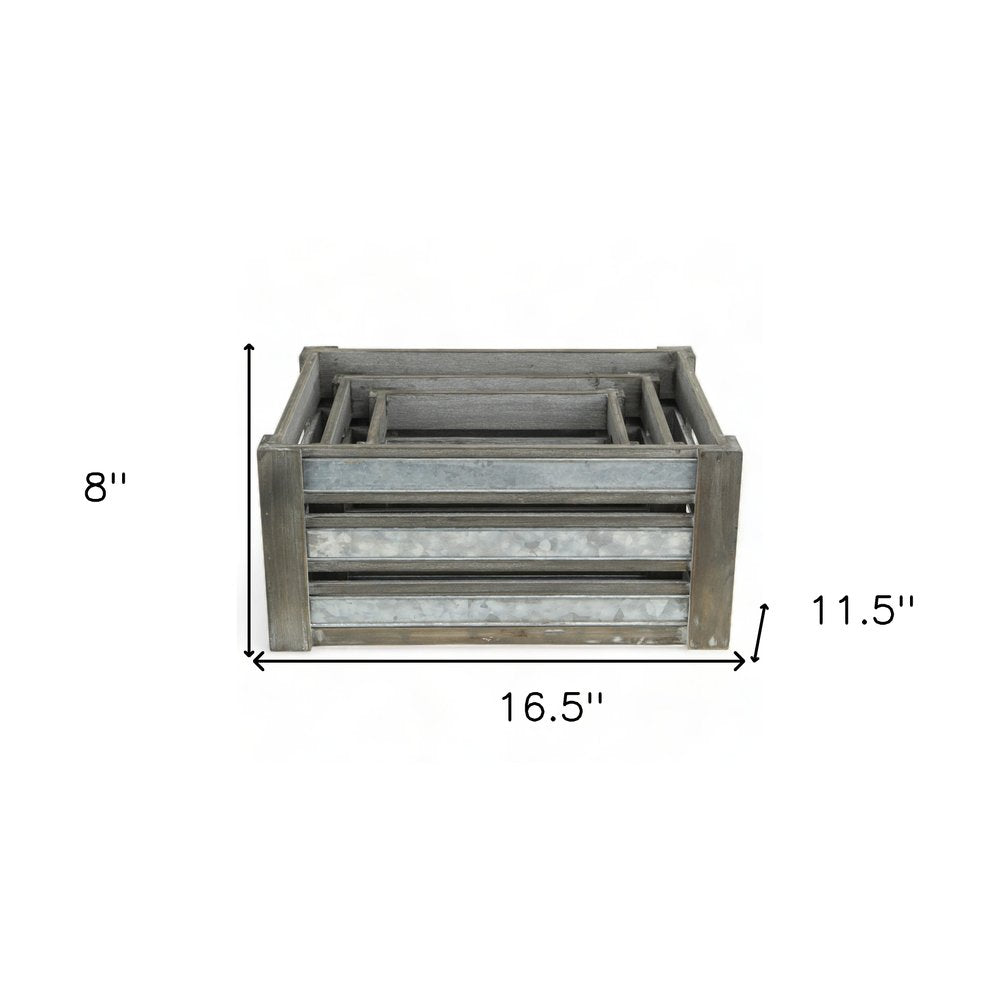 Set of Three Gray Nesting Solid Wood And Metal Crate HomeRoots