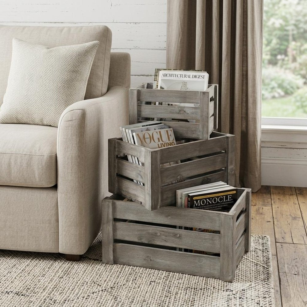 Set of Three Gray Nesting Solid Wood And Metal Crate HomeRoots