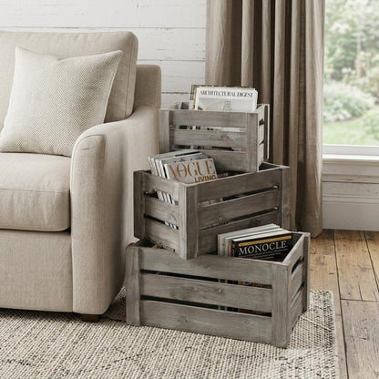 Set of Three Gray Nesting Solid Wood And Metal Crate HomeRoots