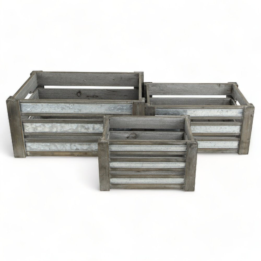 Set of Three Gray Nesting Solid Wood And Metal Crate HomeRoots