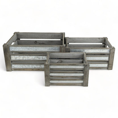 Set of Three Gray Nesting Solid Wood And Metal Crate HomeRoots