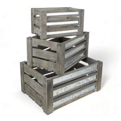 Set of Three Gray Nesting Solid Wood And Metal Crate HomeRoots